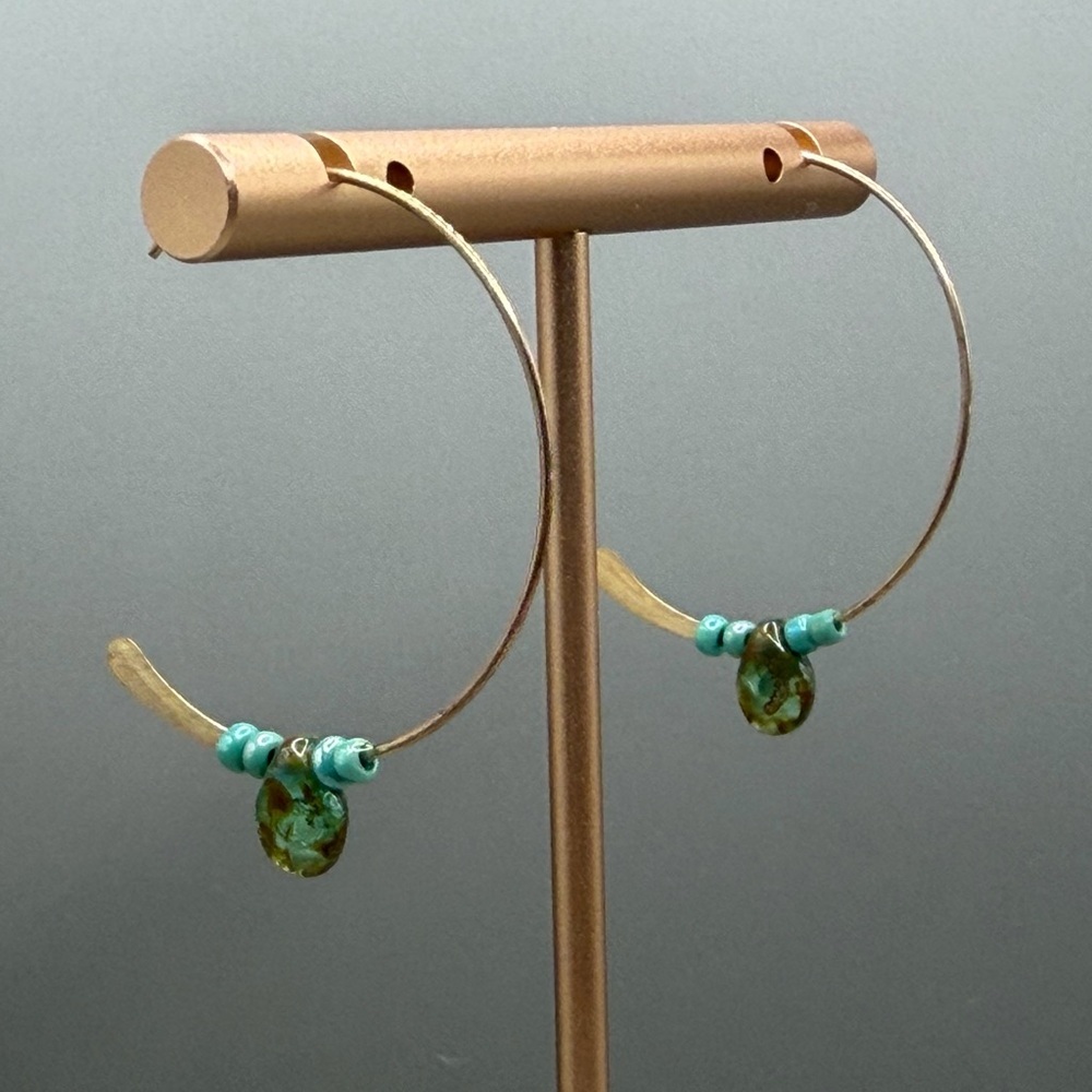 Handmade Turquoise Bead Brass Arc Earrings | Boho Artisan Jewelry